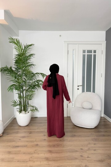 CEP VE YAKA NAKIŞLI PAMUK KETEN ELBİSE 7106 BORDO