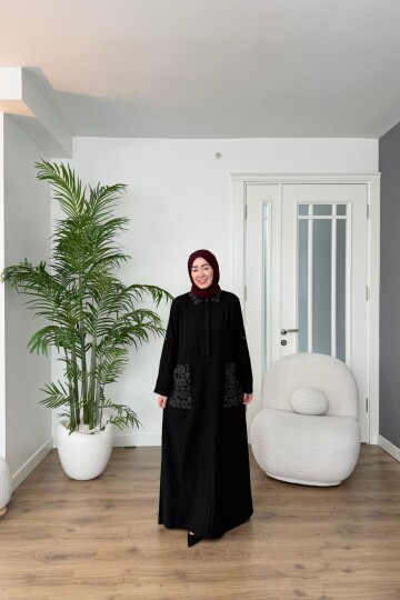 CEP VE YAKA NAKIŞLI PAMUK KETEN ELBİSE 7106 SİYAH