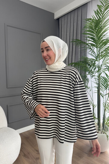 ÇİZGİLİ OYSHO KUMAŞ TUNİK 3002 KAHVE-BEYAZ