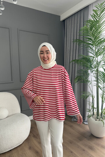 ÇİZGİLİ OYSHO KUMAŞ TUNİK 3002 KIRMIZI-BEYAZ