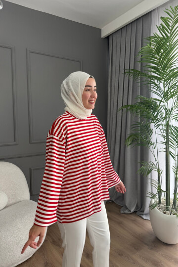 ÇİZGİLİ OYSHO KUMAŞ TUNİK 3002 KIRMIZI-BEYAZ