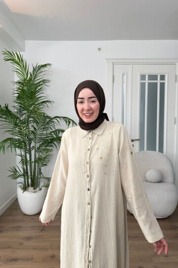 DANTEL DETAYLI PAMUK KETEN PANTALON TAKIM 7102  BEJ