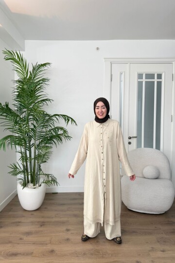 DANTEL DETAYLI PAMUK KETEN PANTALON TAKIM 7102  BEJ