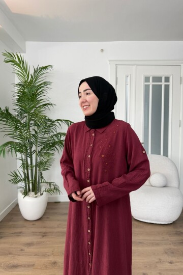 DANTEL DETAYLI PAMUK KETEN PANTALON TAKIM 7102 BORDO