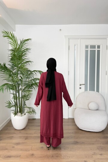 DANTEL DETAYLI PAMUK KETEN PANTALON TAKIM 7102 BORDO