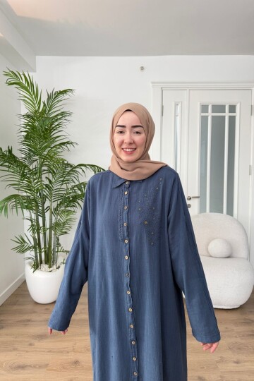 DANTEL DETAYLI PAMUK KETEN PANTALON TAKIM 7102 İNDİGO