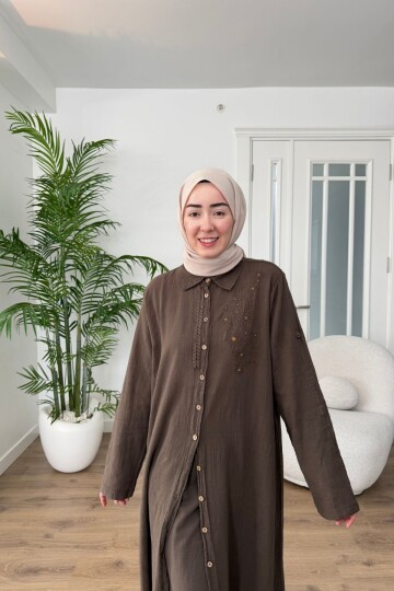 DANTEL DETAYLI PAMUK KETEN PANTALON TAKIM 7102 KAHVE