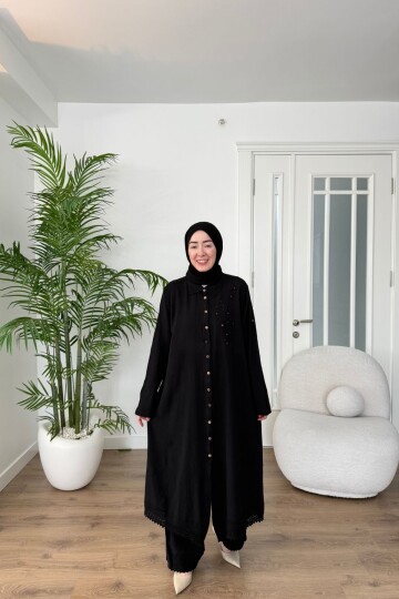 DANTEL DETAYLI PAMUK KETEN PANTALON TAKIM 7102 SİYAH