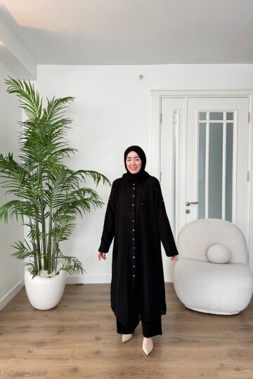 DANTEL DETAYLI PAMUK KETEN PANTALON TAKIM 7102 SİYAH