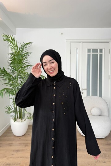 DANTEL DETAYLI PAMUK KETEN PANTALON TAKIM 7102 SİYAH