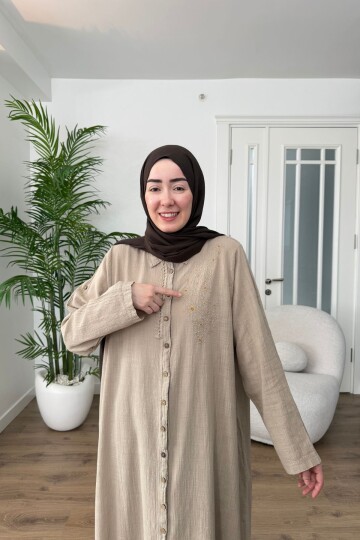 DANTEL DETAYLI PAMUK KETEN PANTALON TAKIM 7102 VİZON