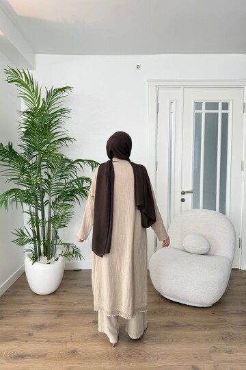 DANTEL DETAYLI PAMUK KETEN PANTALON TAKIM 7102 VİZON