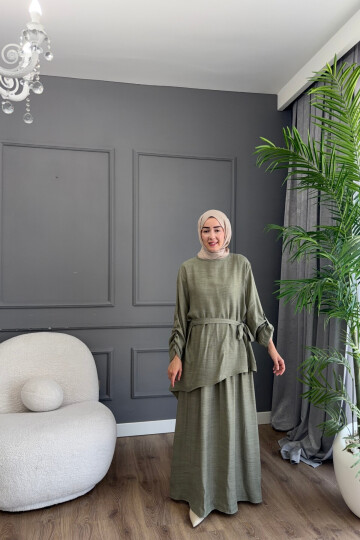 FİRUZE ELBİSELİ BLUZLU  LUNA KETEN KUMAŞ TAKIM 1517 HAKİ