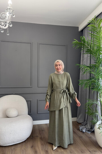 FİRUZE ELBİSELİ BLUZLU  LUNA KETEN KUMAŞ TAKIM 1517 HAKİ