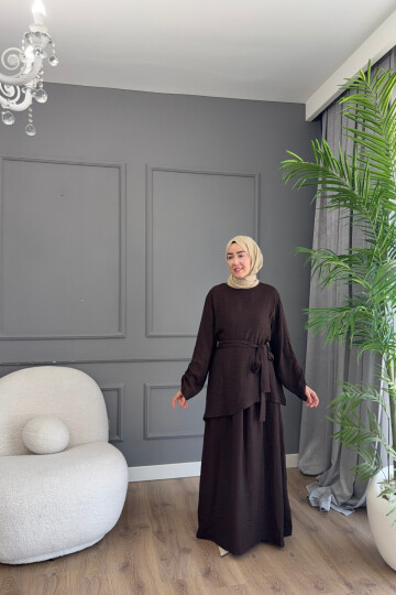 FİRUZE ELBİSELİ BLUZLU  LUNA KETEN KUMAŞ TAKIM 1517 KAHVE
