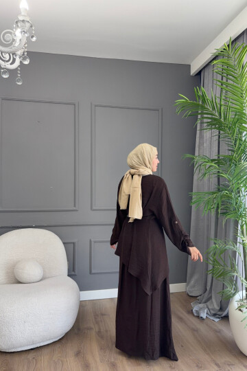 FİRUZE ELBİSELİ BLUZLU  LUNA KETEN KUMAŞ TAKIM 1517 KAHVE