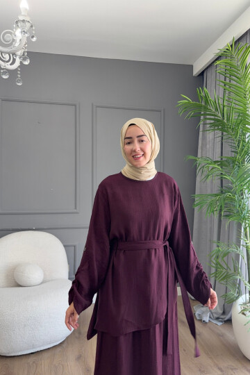 FİRUZE ELBİSELİ BLUZLU  LUNA KETEN KUMAŞ TAKIM 1517 MÜRDÜM