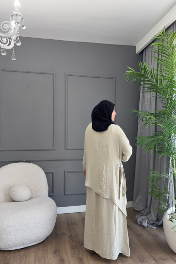 FİRUZE ELBİSELİ BLUZLU  LUNA KETEN KUMAŞ TAKIM 1517 TAŞ