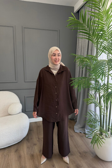 KLASİK GÖMLEKLİ MODAL KUMAŞ TAKIM 4302 KAHVE