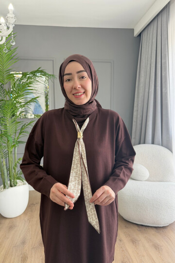 MERSERİZE KUMAŞ FULARLI TUNİK 6104 KAHVE