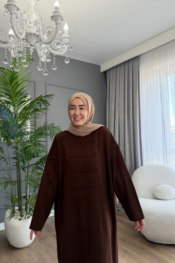 PONÇİK DÜĞME DETAYLI PREMİUM TRİKO ELBİSE 6141 KAHVE