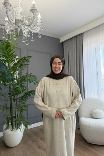 PONÇİK DÜĞME DETAYLI PREMİUM TRİKO ELBİSE 6141 TAŞ