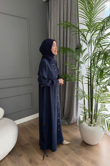 YANLARI BAĞCIKLI MODAL KUMAŞ ELBİSE 1518 LACİVERT